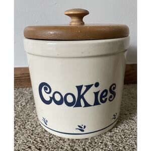 Vtg Roseville Pottery Cookie Jar & Wood Lid Friendship Stoneware Cookies